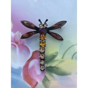 Vintage Brooch Articulated Dragonfly Brown Orange Rhinestones